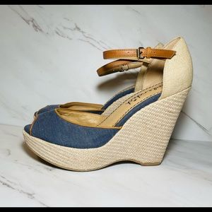Splendid ~ Woman 9 ~ Langley Wedge Sandals Peep Toe Ankle Strap Blue Tan Leather